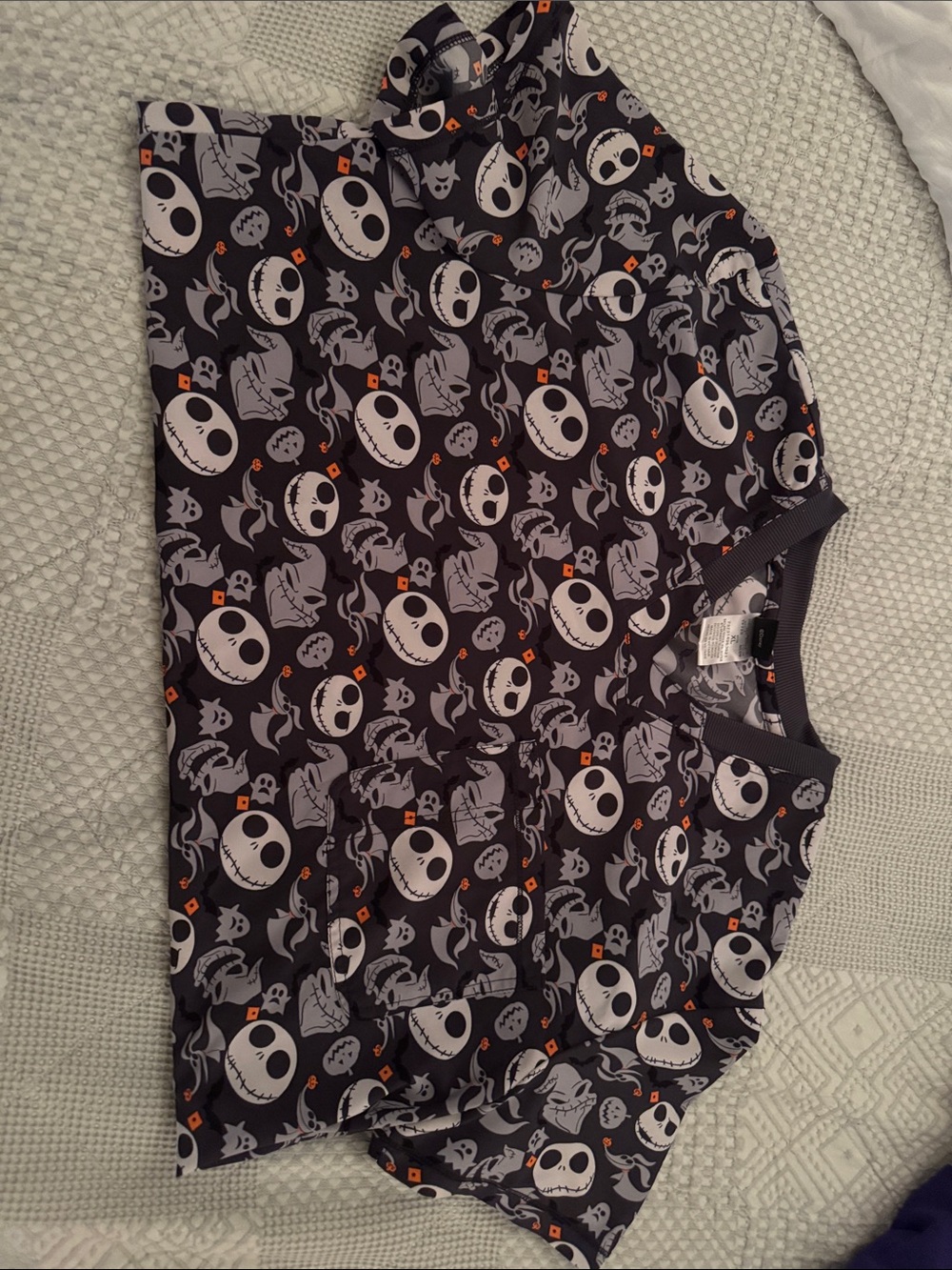 Black Halloween Jack Skellington Print Scrub Top, XL